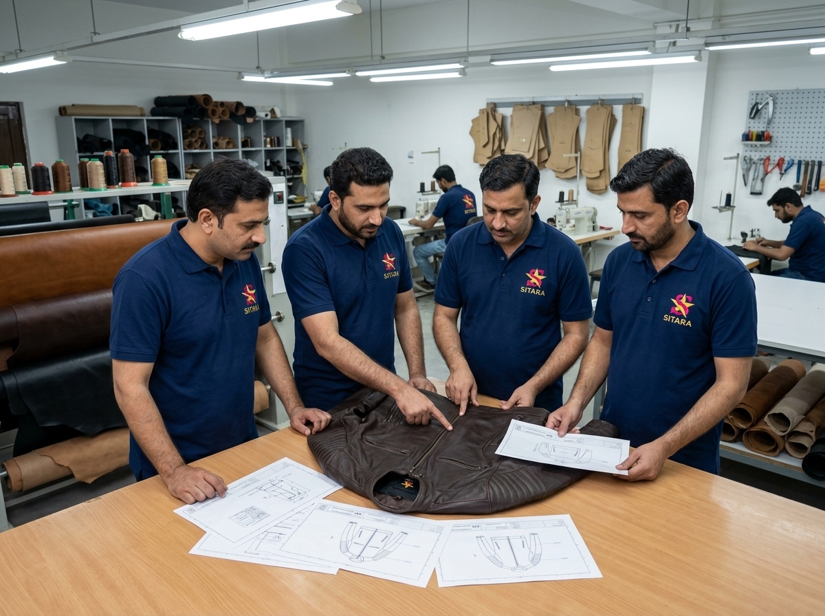 Sitara Global Corporation Production Engineers and Master Leather Craftsmen Reviewing Garment Construction