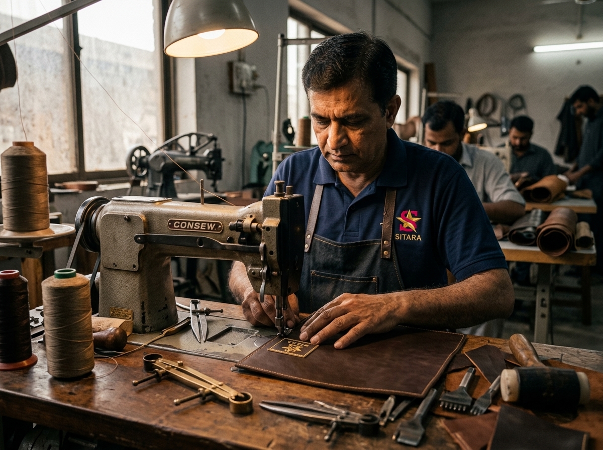 Master artisan stitching and embossing a custom branded gold foil leather label in workshop