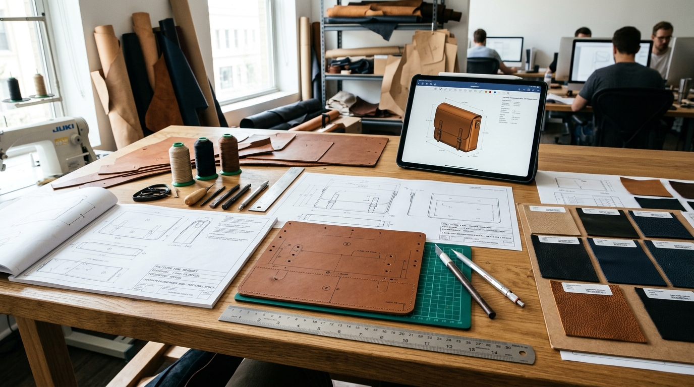 Engineering desk with leather blueprints, CAD patterns, templates and leather swatches