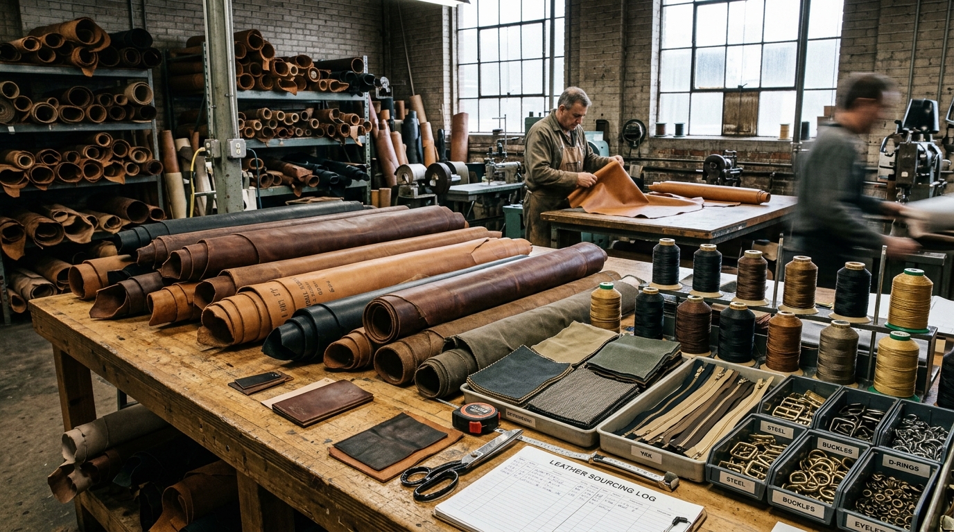 Leather factory raw materials warehouse with finished leathers, thread spools, fabric swatches and buckles