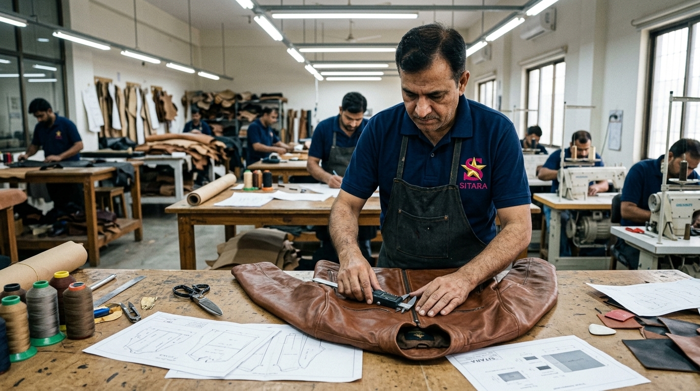 Master pattern maker examining pre-production prototype jacket with calipers on workbench