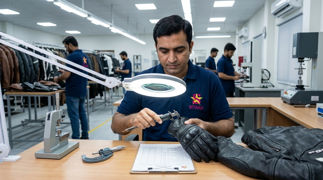 Sitara Quality Control Engineer inspecting leather thickness with calibrated digital micrometer